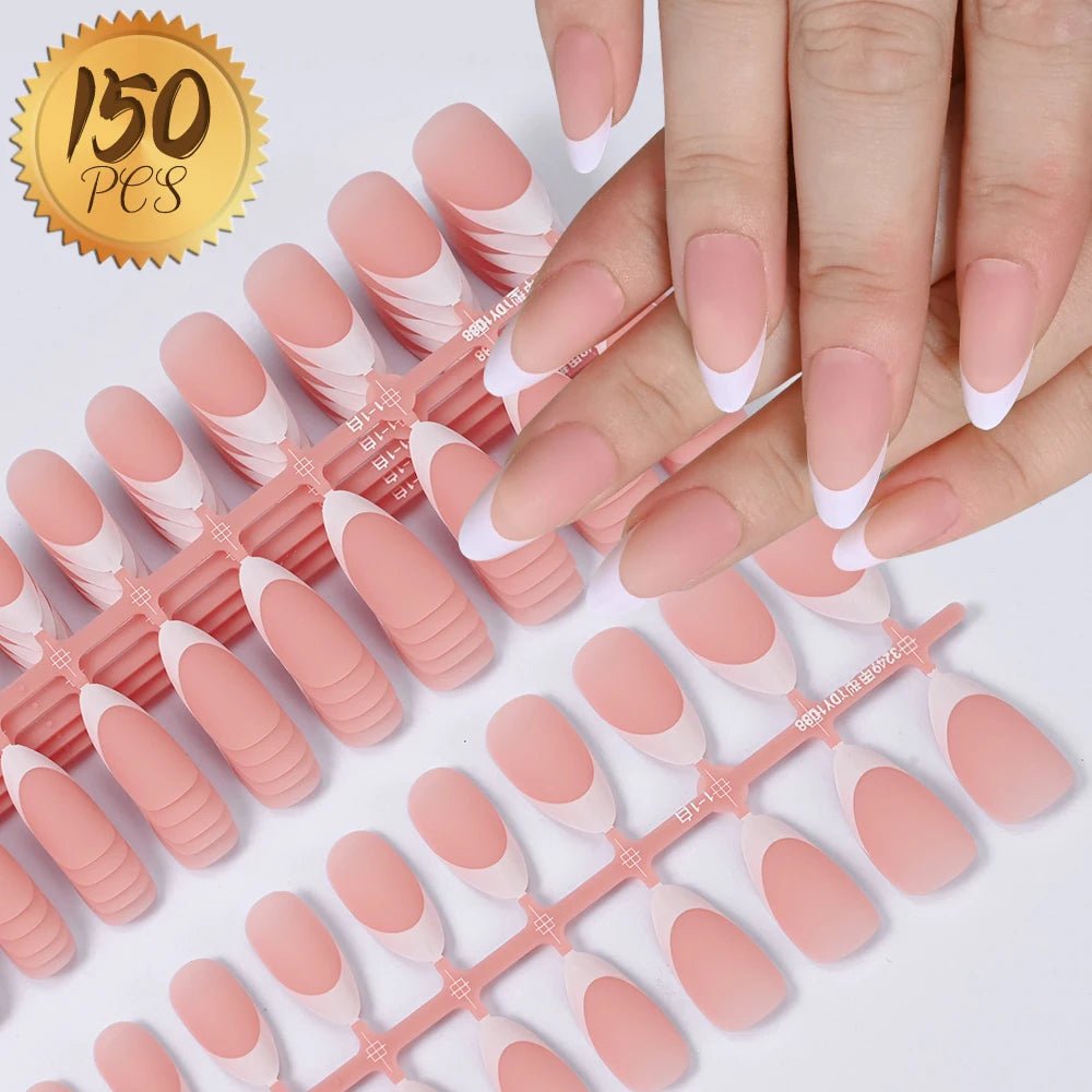150Pcs French Gel Nail Tips Press On Nails Full Cover Nude Pink Almond Shape Extension False Nails For Nail Art DIY 15 Sizes - EUPHORIA