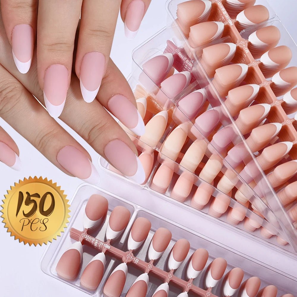 150Pcs French Gel Nail Tips Press On Nails Full Cover Nude Pink Almond Shape Extension False Nails For Nail Art DIY 15 Sizes - EUPHORIA