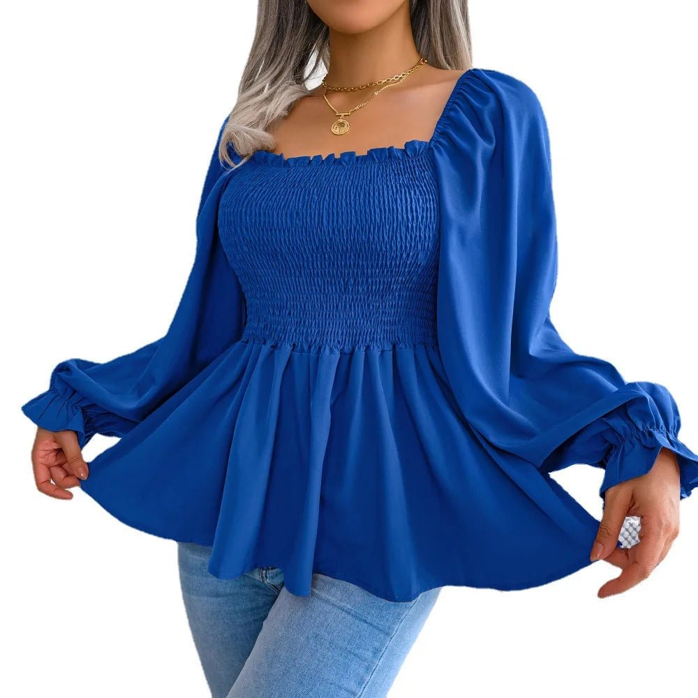 Spring and Summer Casual Fungus Edge Square Neck Long - sleeved Chiffon Shirt Womens Clothing - EUPHORIA
