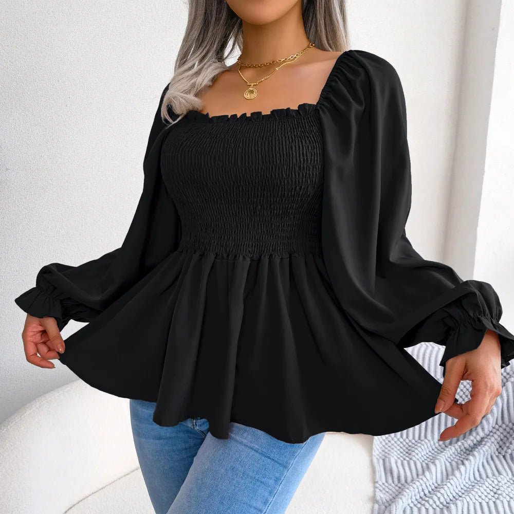 Spring and Summer Casual Fungus Edge Square Neck Long - sleeved Chiffon Shirt Womens Clothing - EUPHORIA