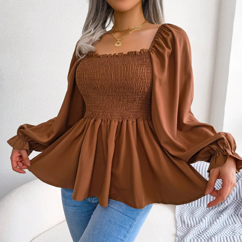 Spring and Summer Casual Fungus Edge Square Neck Long - sleeved Chiffon Shirt Womens Clothing - EUPHORIA