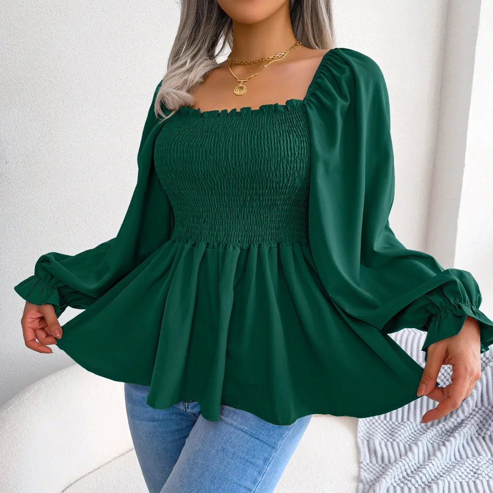 Spring and Summer Casual Fungus Edge Square Neck Long - sleeved Chiffon Shirt Womens Clothing - EUPHORIA