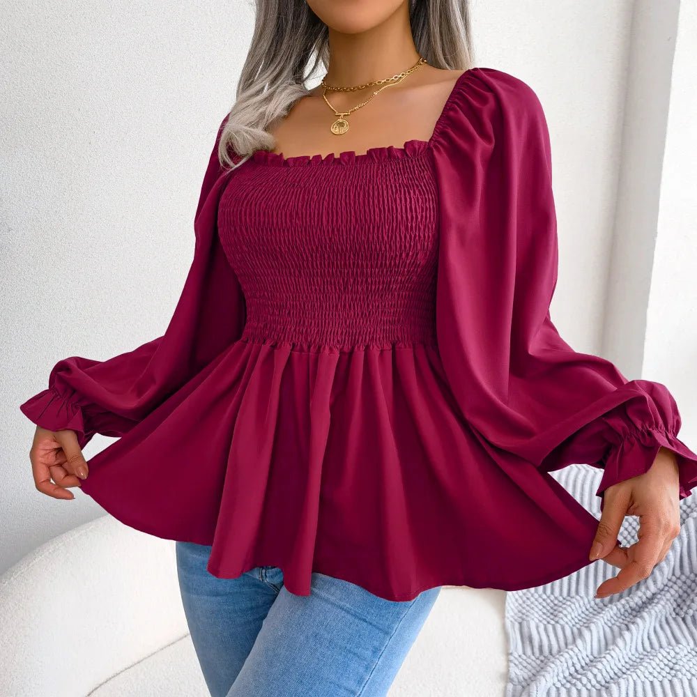 Spring and Summer Casual Fungus Edge Square Neck Long - sleeved Chiffon Shirt Womens Clothing - EUPHORIA