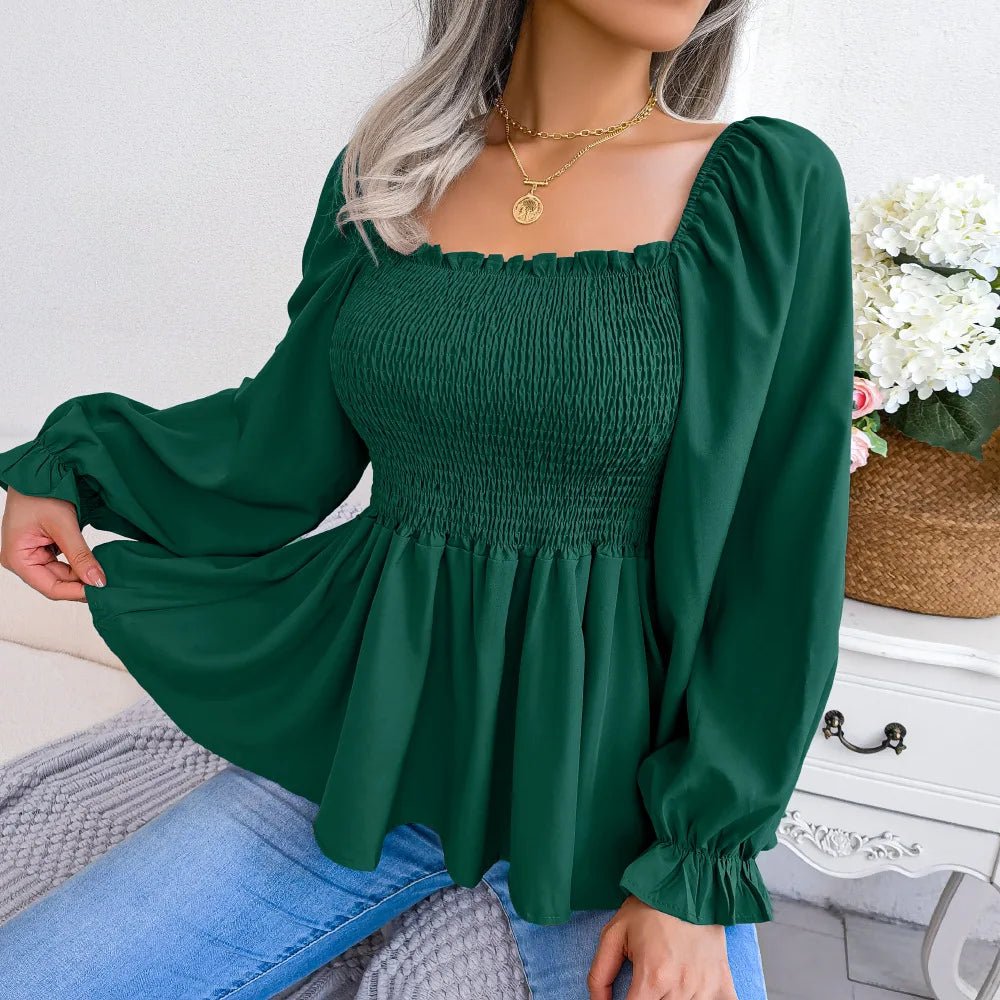 Spring and Summer Casual Fungus Edge Square Neck Long - sleeved Chiffon Shirt Womens Clothing - EUPHORIA