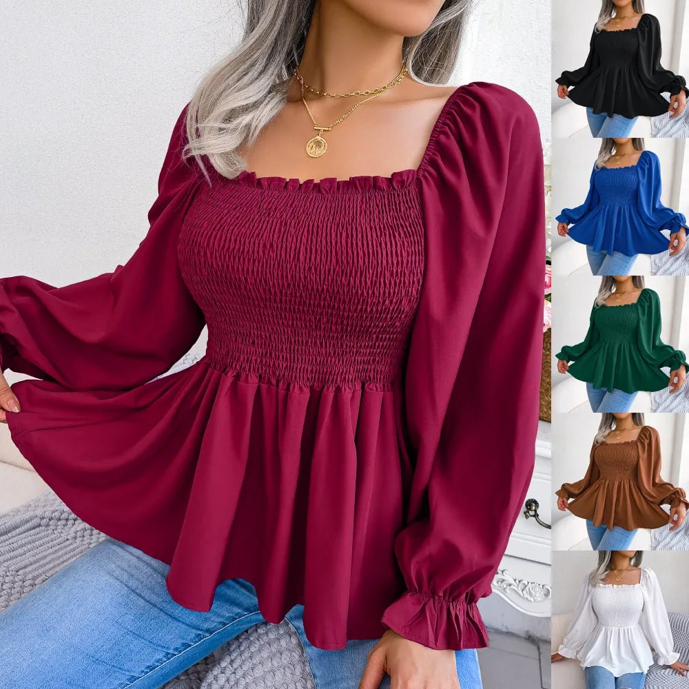 Spring and Summer Casual Fungus Edge Square Neck Long - sleeved Chiffon Shirt Womens Clothing - EUPHORIA