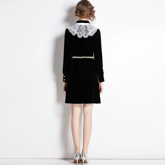 #2301 Autumn Winter Black Velvet Dress Women Bow Turn - down Collar Office Blazer Dress Ladies Slim Belt Elegant Vintage A - line - EUPHORIA